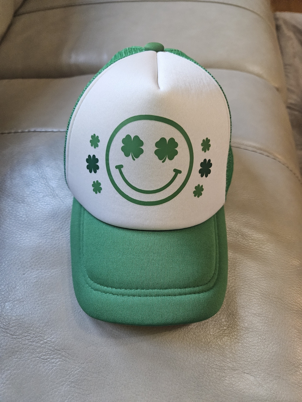 Green and White Trucker Hat with Shamrock Smile